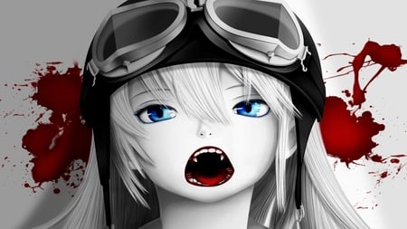 a taste of blood - girl, bloody lips, splatter, blue eyes, fangs, goggles, blood, white hair