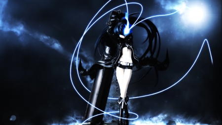 black rock shooter - glow, anime, big shooter, night fall, girl, light, moonlight