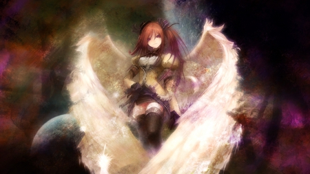 enclosed in my wings - pretty, anime, redhead, beautiful, wings, girl, feathers