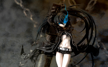 black rock shooter - gun, eyes, smoke, shooter, black rock, blue mist, chains, twin tails, pale, rest top, short