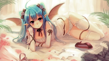 miku little angel??? - beauty, la, hatsune miku, underwear, bed, girl, wings, big eyes, shoe, pretty, twin tails, anime, leaves, blush, ribbon, flowers