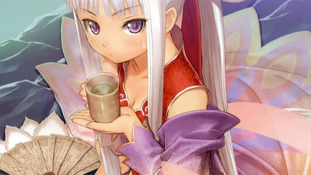 jasmin tea - lake, jasmine tea, purpe eyes, girl, tea, water, whit hair, steam, pretty, twin tails, anime, blush, lily pads, cute, dress