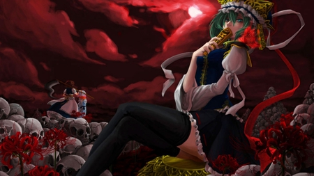 amongst the dead - anime, headdress, girl, night, red sky, skulls, clouds, blood moon, green hair, red flowers