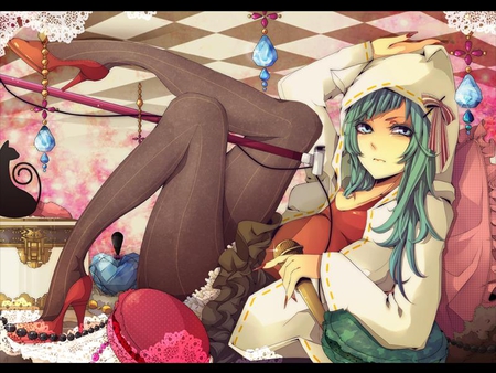 lazy miku - high heels, tights, pretty, hoody, anime, messy, bored, lazy, room, hatsune miku