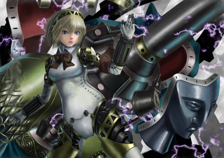 Aegis - palladion, persona 3, electricity, high res, blonde hair, persona, robot, aegis, persona 3 portable, cyborg, bow, video game, blue eyes