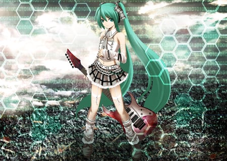 Hatsune Miku - tie, pretty, artistic, uniform, guitar, headphones, nice, program, thighhighs, beauty, virtual, cg, white, cute, aqua eyes, song, outfit, vocaloid, anime, twintail, hatsune miku, microphone, music, aqua, art, sky, idol, clouds, anime girl, skirt, beautiful, singer, girl, cool, black, miku, awesome, diva, digital, aqua hair, hatsune, vocaloids, headset