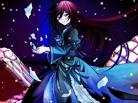 Innocent Girl - red hair, anime long hair, anime, touhou, pretty girl, blue dress, cute anime girl, innocent girl