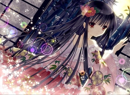 Cute Girl - moon, long hair, japanese, kimono girl, cute girl, touhou, flower girl, butterfly, anime, anime black hair