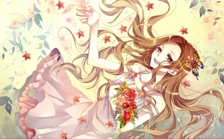 Flower Girl - beautiful lady, flower petals, brown hair, flower girl, butterfly, pink dress, anime, anime long hair, cute