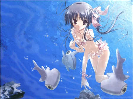 Swimmin With The Sharks - ribbon, water, hammerhead, bikini, sharks, anime, ocean, girl