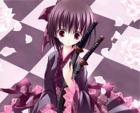 Sizuku Vancassel - anime, kawaii, girl, sword, kimono, petals, flowers, sizuku vancassel, cute, ribbon, bow