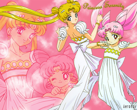 Mother and Daughter in Princess Dresses - anime, usagi, usagi tsukino, sailor chibi-moon, serena, sailor moon, manga, rini, chibi-usa, princess serenity