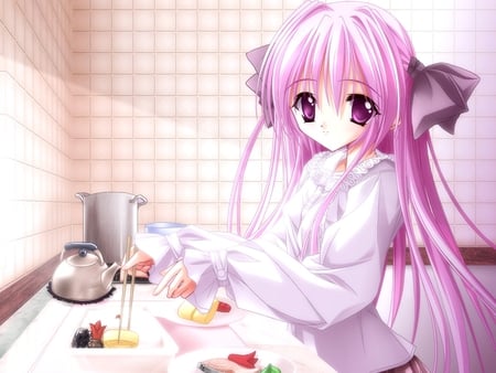 Sushi Time!~ - rice, anime, delicious, nori, food, bows, girl, pink, long hair, seaweed, ribbon, fish, sushi