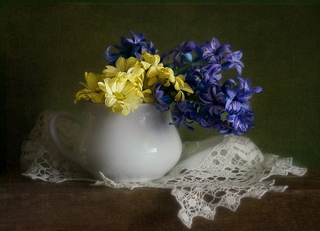 still life - pretty, elegantly, yellow, blue, photo, flowers, old, nice, hyacinths, beautiful, photography, beauty, lace, lovely, cool, still life, flower, bouquet, jug, harmony, hyacinth