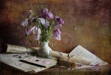 still life - pretty, elegantly, poppies, romance, photo, flowers, music, purple, old, nice, notes, vase, poppy, beautiful, photography, beauty, lovely, cool, still life, flower, petals, bouquet, pencil, harmony