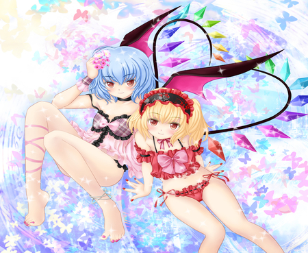 Sweet Sister Scarlet - sweet sister carlet, flandre scarlet, flowers, touhou, bikini, sexy pose, ribbon, bikini top, headdress, hot, blush, bat wings, colors, cool, cute, remilia scarlet, sexy