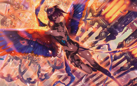 Wings of Fantasy - anime girl, birds, female, original, cool, armor, fantasy, necklace, wings of fantasy, wings