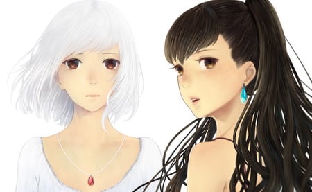 Original - brown eyes, long hair, 2girls, short hair, white hair