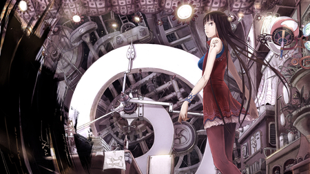 The Grand Design - red dress, factory, anime, anime long hair, the grand design, beautiful girl, brown hair