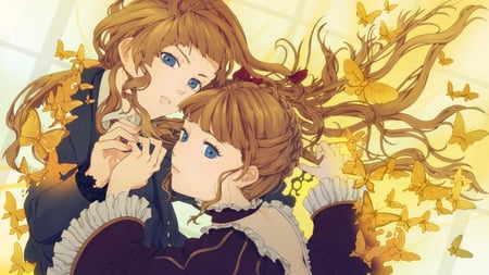 Twin Sisters - blonde hair, blue eyes, twin sisters, anime, dream, beautiful girls, anime long hair, butterflies