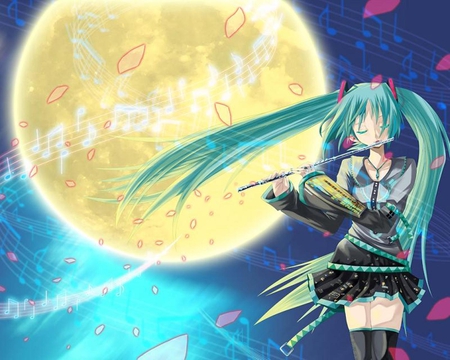 Hatsune Miku - tie, pretty, artistic, uniform, nice, voclaoid, program, thighhighs, beauty, virtual, petals, cg, white, cute, aqua eyes, song, outfit, anime, yellow, twintail, hatsune miku, stars, music, aqua, stockings, flute, art, sky, idol, clouds, moon, anime girl, sakura, skirt, beautiful, singer, girl, cool, black, miku, awesome, diva, digital, aqua hair, hatsune, vocaloids