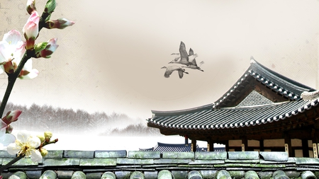 Pagoda Mist - house, trees, sakura, cherry blossoms, orient, mist ducks, firefox persona, homes, roof, pagoda, sky