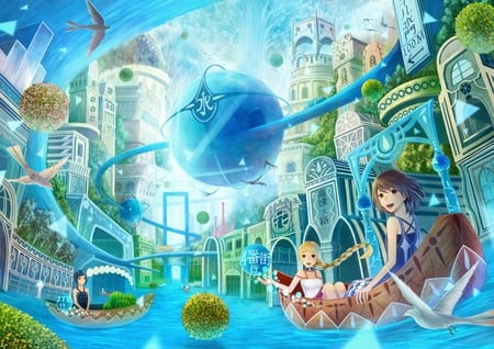 City Of Water - fantasy, water, boat, beautiful, city, anime, abstract, atlantis