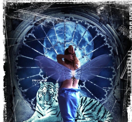 The tiger and the queen of dreamlands - fantasy, dreamlands, white, blue, woman, queen, tiger