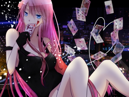 Megurine Luka - Blackjack - aqua, hot, thighhighs, music, sunset, anime girl, white, art, purple, cool, aqua eyes, blackjack, artistic, sexy, light, song, skyscrapers, vocaloids, program, glow, vocaloid, pink, beautiful, cards, diva, beauty, nice, sky, singer, black, virtual, pretty, megurine luka, idol, clouds, anime, cute, megurine, luka, girl, pink hair, cg, red, city, awesome, digital, flower