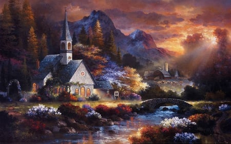 Church on the River - sky, trees, mountain, drawing, paint, abstract, church, river, flowers