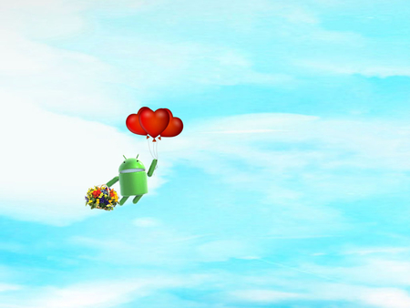 Droidbot in love - clouds, bouqeut, droidbot, heart, flying, sky, happy, android