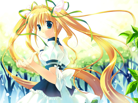 Kawaii - skirt, trees, girl, long hair, pigtails, bow, anime, uniform, ribbon, blonde