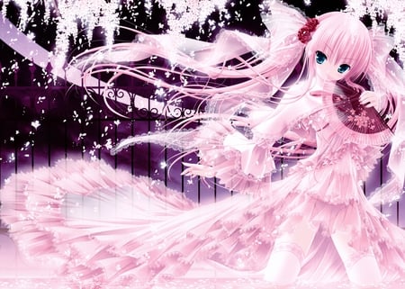 Beauty - fan, girl, pigtails, japanese, shine, glow, kawaii, bow, pink, anime, ribbon, cute, dress