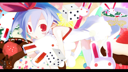 anime - red eyes, blue hair, chocolat, shot hair, animals, animal girl, colors