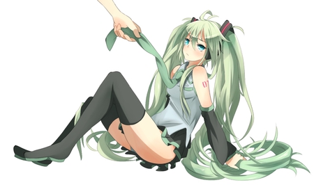 Hatsune Miku - aqua, hot, headset, thighhighs, music, anime girl, stockings, white, art, cool, aqua eyes, artistic, hatsune miku, skirt, sexy, song, vocaloids, program, vocaloid, beautiful, uniform, diva, beauty, nice, twintail, singer, aqua hair, black, virtual, pretty, idol, anime, miku, cute, girl, cg, hatsune, microphone, headphones, blue, tie, awesome, digital, outfit