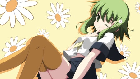 Flower Power!!!! - skirt, wink, flowers, stockings, seifuku, cute, green hair