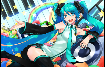 Indeed!...rainows and music! - piano, tie, tin tails, vocaloid, miku hatsune, skirt, stars, music, smile, rainbow, miku, blue hair, stolckings, blue eyes