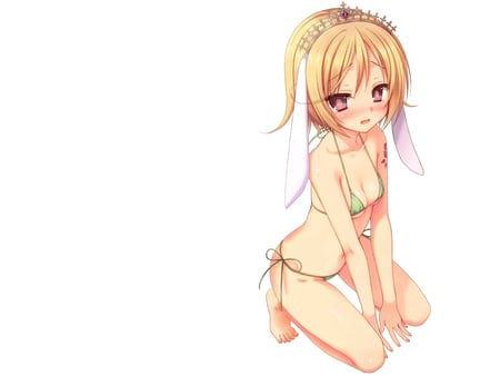 @._.@ - pink eyes, blushing, swimsuit, bikini, kore wa zombie desu ka, blonde hair, bunny ears