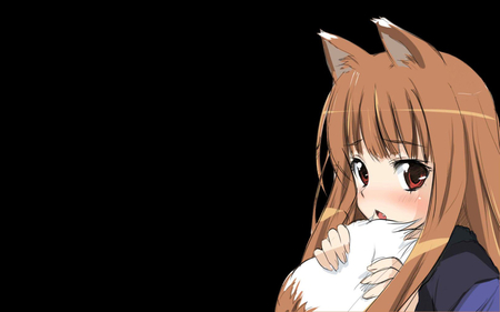 fuzzeh tail... :D - tail, wolf, horo, red eyes, wolf ears, spice and wolf, brown hair, holo