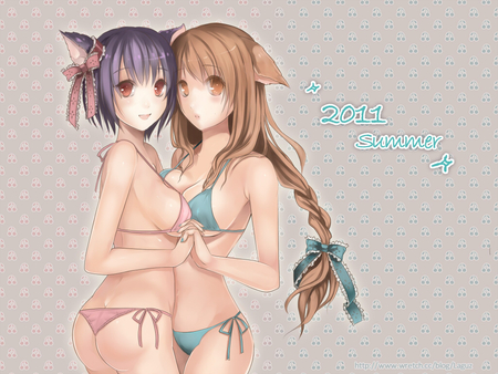 Summer...yeah! - hug, neko, brown eyes, summer, purple hair, 2 girls, brown hair, red eyes, holding, bikini, 2011, cute, cat ears