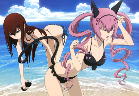 Lovely beach... :D - neko, beach, brown hair, ocean, ferris, steins gate, pink hair, bikini, 2 girls, cat tail, cat ears