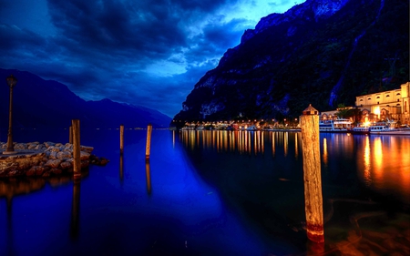 Lovely Place - harbour, harbor, sailboats, sailing, paradise, house, beauty, colors, cityscape, architecture, boats, nature, lights, sailboat, italy, building, blue, town, amazing, boat, evening, splendor, italia, landscape, reflection, view, twilight, port, lake, houses, sky, clouds, water, beautiful, buildings, lovely, mountains, peaceful