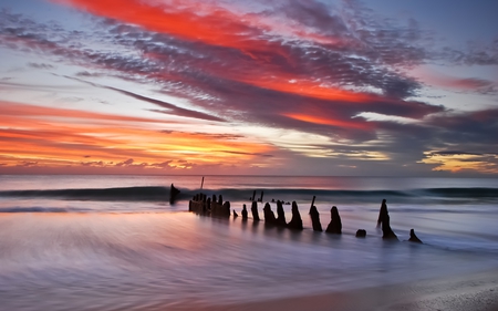 Sunrise - good morning, beauty, beach, sky, peaceful, colorful, view, clouds, sand, morning, ocean, lovely, waves, nature, beautiful, splendor, colors, sunrise, sea