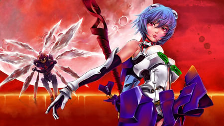 Neon Genesis Evangelion - moon, hot, female, night, ayanami rei, anime girl, robot, armor, cool, neon genesis evangelion, red, robot wings