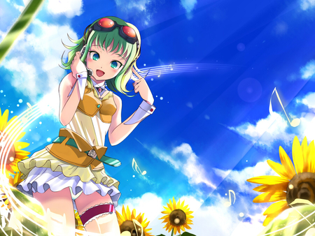 Gumi - gumi, short hair, anime, girl, sky, clouds, skirt, sunflowers, goggles, sunshine