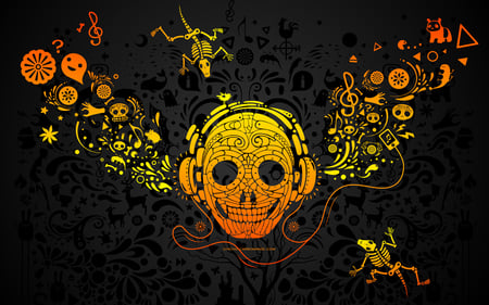 Skull Listener - black, headphones, graffiti, vector, orange, skull, bones