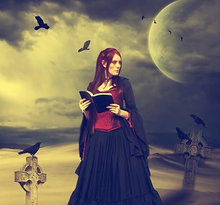 Priestess of my dream - priestess, moon, abstract, birds, fantasydream, woman, book