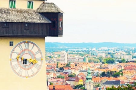 Graz, Austria - pic, europe, image, roofs, photography, graz, clock, city, photo, buildings, austria, photograph, picture, rooftops, wall, wallpaper