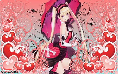 Mitral - pretty, anime, heart, female, dress, blonde, pink, umbrella, red, nice, abstract, anime girl, twintails, beautiful, hot, girl, beauty, love, sweet, cute, sexy