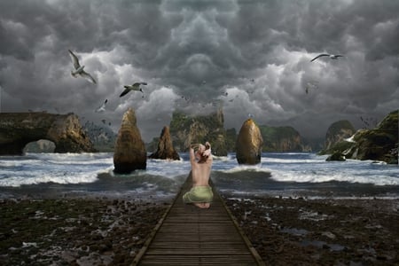 STORM APROACHING - ocean, female, dark, clouds, stormy, birds, waves